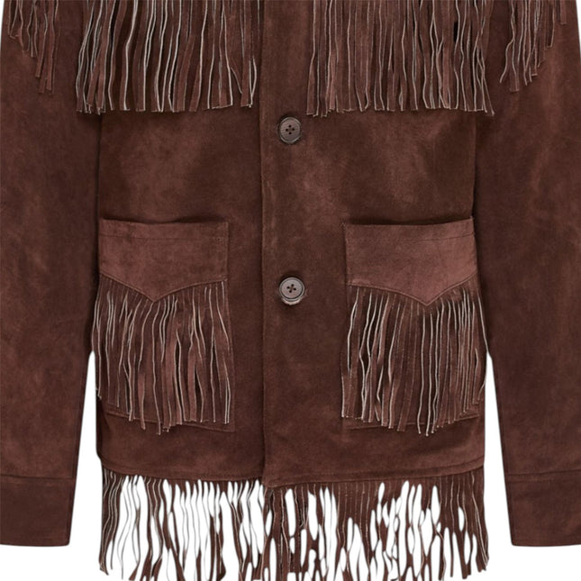 Men's Retro Brown Cowboy Suede Leather Fringe Jacket - Western