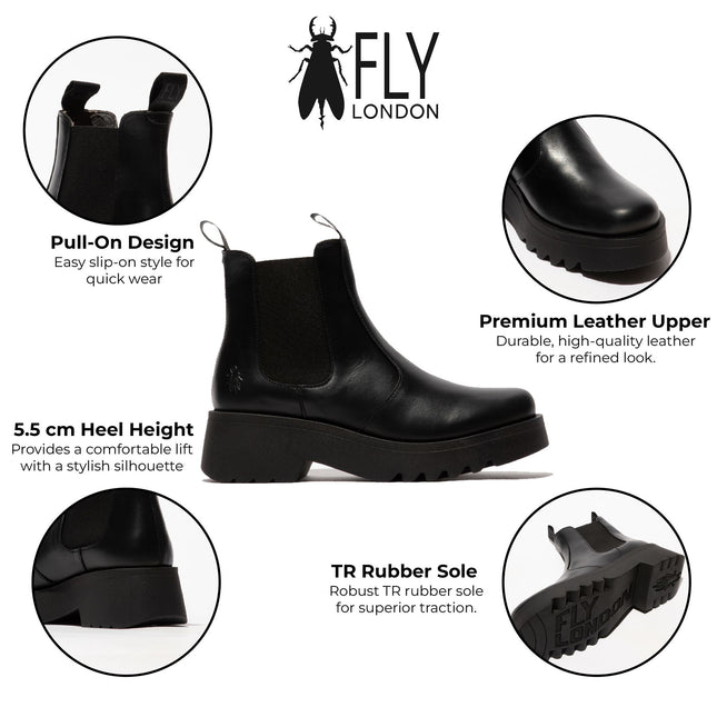 Fly London Womens Black Medi789 Wedged Chelsea Ankle Leather Platform Boots