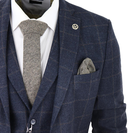 Mens 3 Piece Wool Suit Navy Blue Tweed Check Peaky Blinders 1920 Gatsby Formal