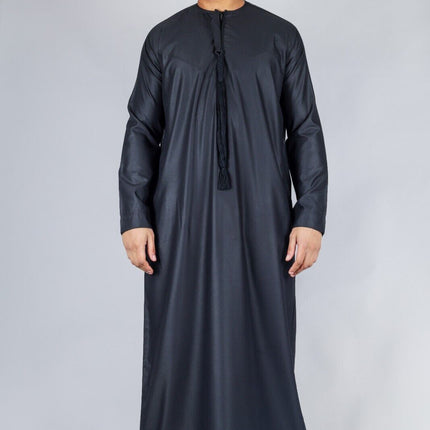Men's Black Thobe Emirati Islamic Jubba Robe Eid Tassel Slim Fit