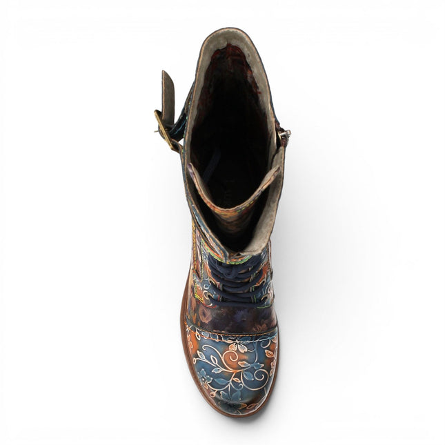 Laura Vita Women's Blue Floral Victorian Leather High Combat Long Boots - Anitao-21