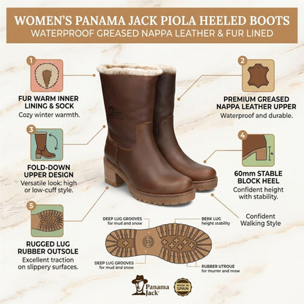 Panama Jack Women's Bark Brown Leather Waterproof Warm Heeled Boots - Piola B8