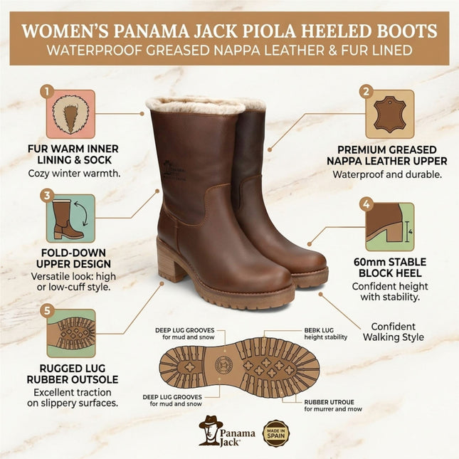 Panama Jack Women's Bark Brown Leather Waterproof Warm Heeled Boots - Piola B8