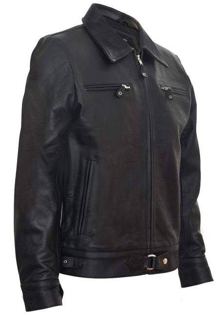 Mens Black Cowhide Leather Harrington Jacket-Geneva
