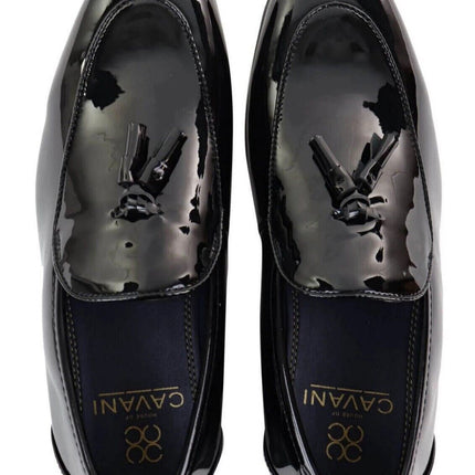 Mens Tasselled Black Patent Leather Slip On Loafers