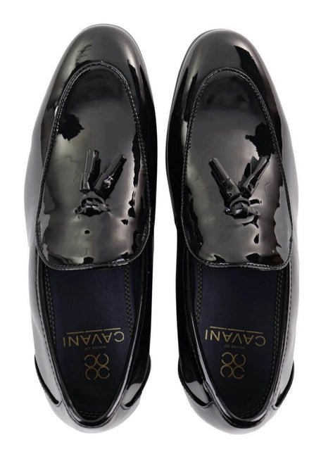 Mens Tasselled Black Patent Leather Slip On Loafers