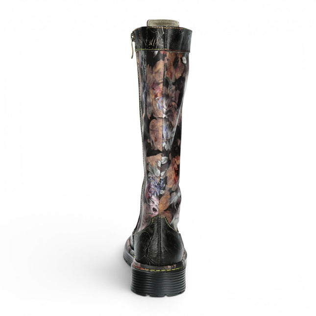 Laura Vita Women's Maroon Gothic Victorian Floral Black Leather Knee-High Lace-Up Boots - Incaso-50
