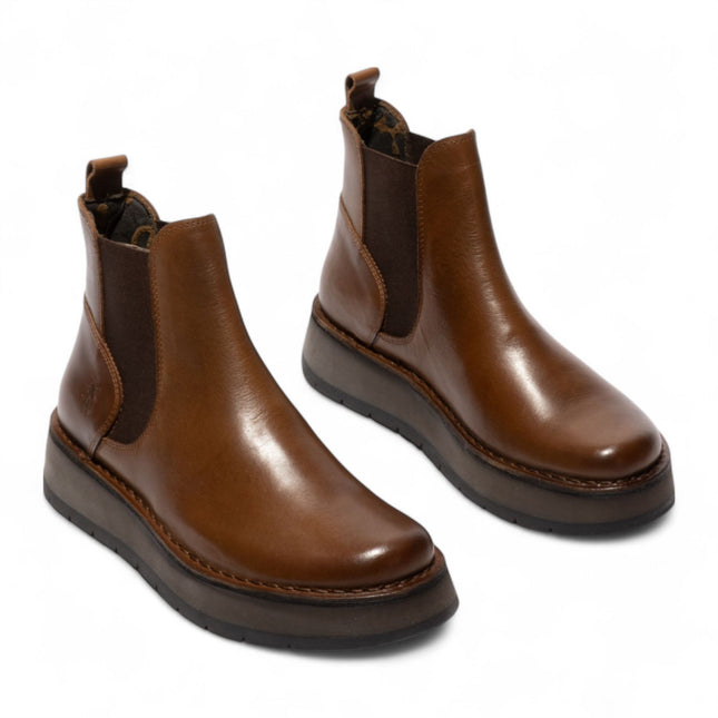 Fly London Womens Camel Brown Rawi131 Chelsea Leather Ankle Pull-On Classic Comfort Boots