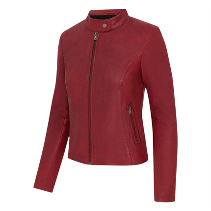 Womens Red Leather Stand Collar Racer Biker Jacket - 181