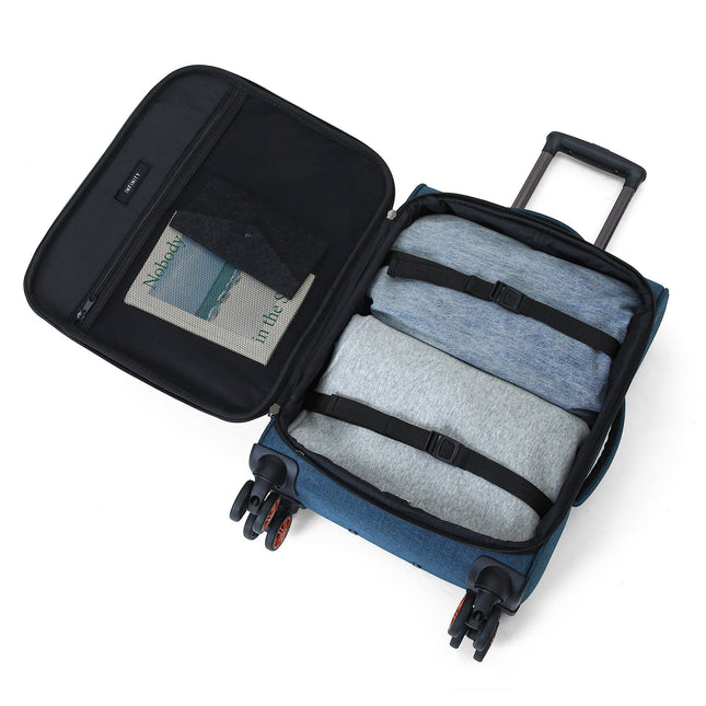 Soft Shell Blue Linen Suitcase Set 8 Wheel Lightweight Travel Luggage