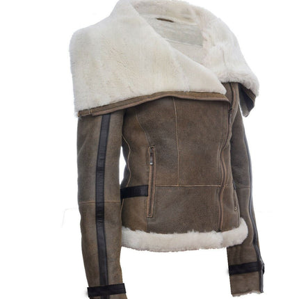 Womens Merino Sheepskin Aviator Leather Jacket-Asmara