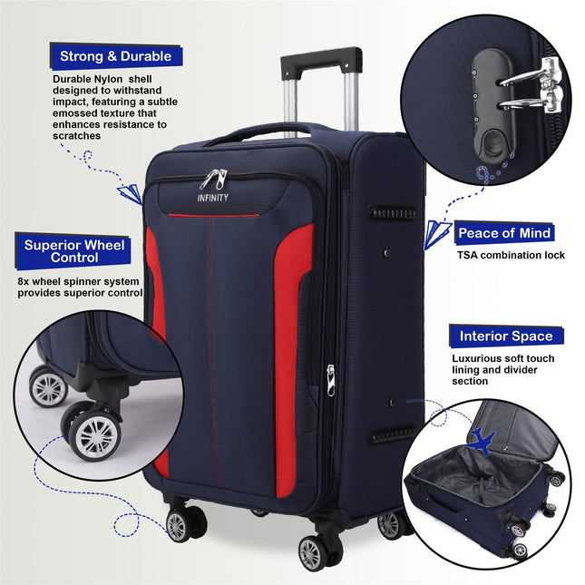 Soft Cabin Suitcase 36.5 x 23.5 x 58 cm Nylon 900D Suitable Integrated Lock for Easyjet, Ryanair, Wizzair