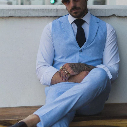 Men's Summer 2 Piece Suit Linen Formal Blue Waistcoat Trousers