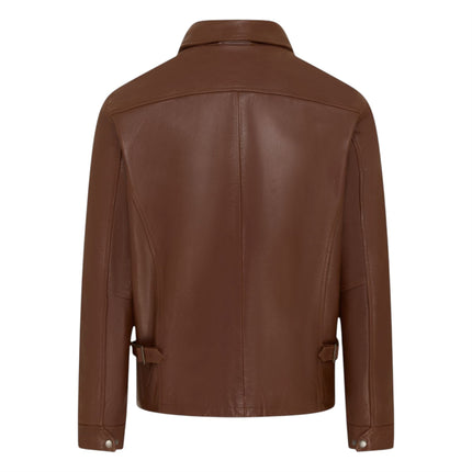 Mens Leather Tan Harrington Collar Biker Jacket - Arick