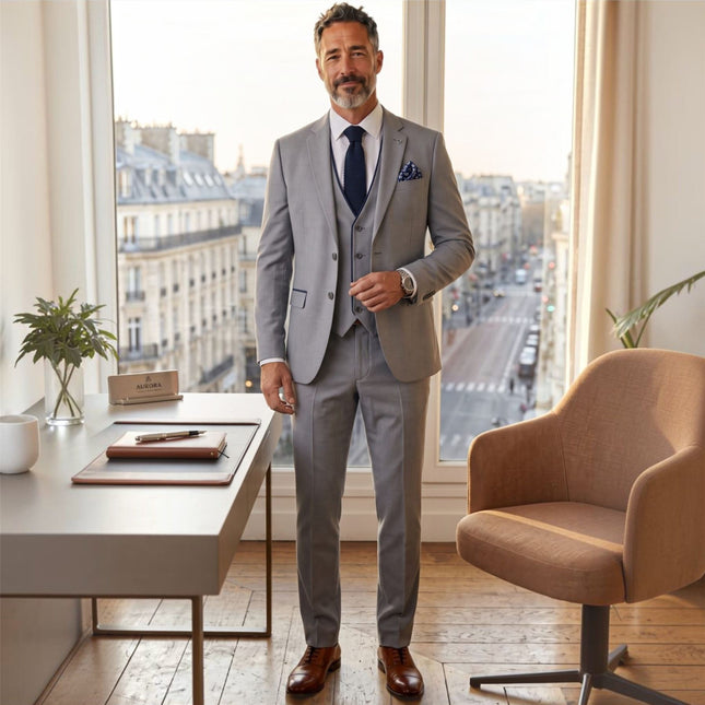 Men's Grey Formal 3 Piece Tailored Fit Plain Suit - IM4