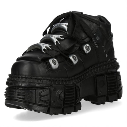 New Rock M-Overz106B-C1 Metallic Chunky Black Leather Gothic Ankle Boots