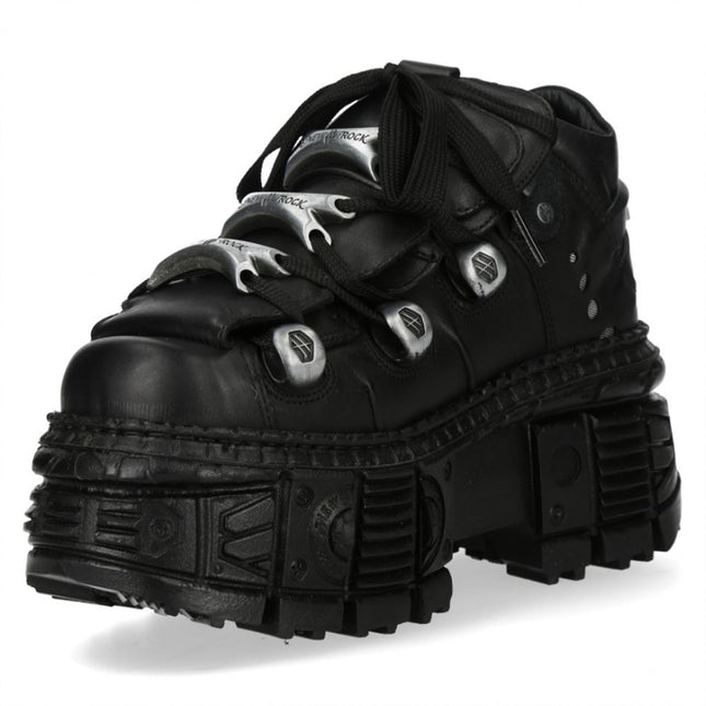 New Rock M-Overz106B-C1 Metallic Chunky Black Leather Gothic Ankle Boots