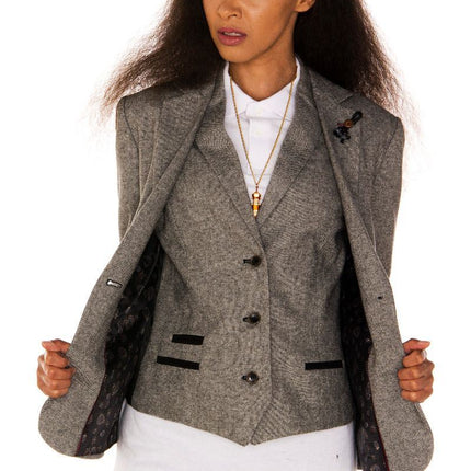 Womens Tweed 1920s Herringbone Light Grey Blazer