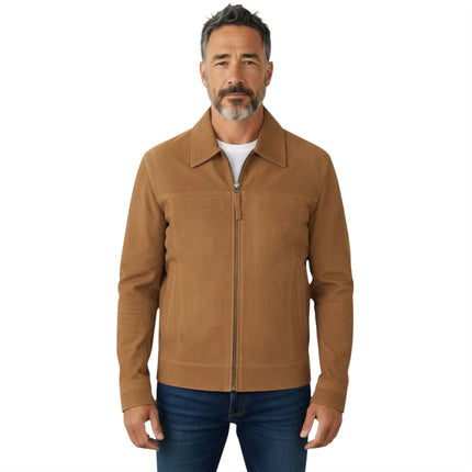 Mens Navy Goat Suede Leather Harrington Biker Jacket - Berlin