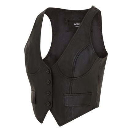 Womens Black Leather Waistcoat Biker Vest - MAM-WC