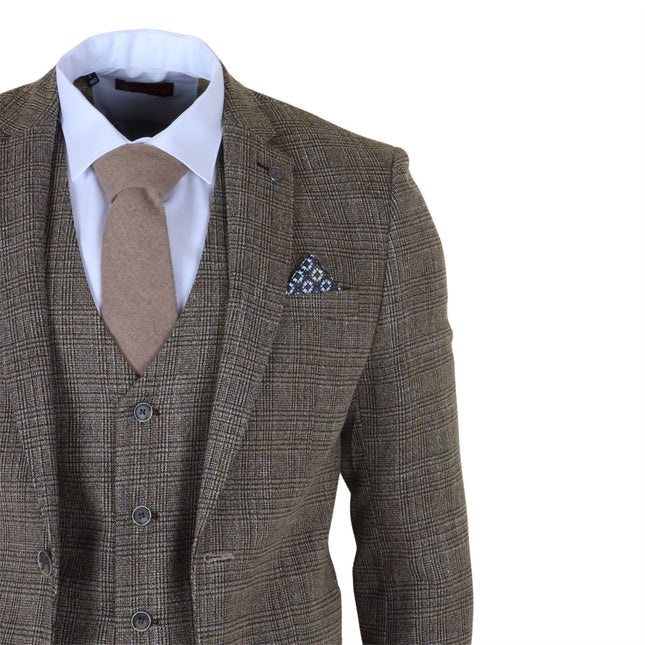 Men's 3-Piece Brown Classic Check Suit Slim Fit Plain Formal Party Suit