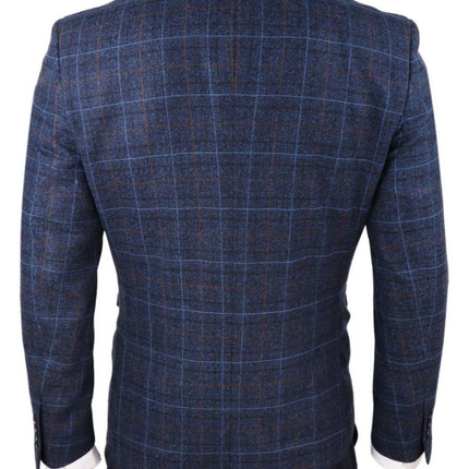 Mens 3 Piece Navy Blue Tweed Check Vintage Suit