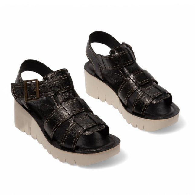 Fly London Women's Yudd236Fly Black Mousse Leather Wedge Sandals