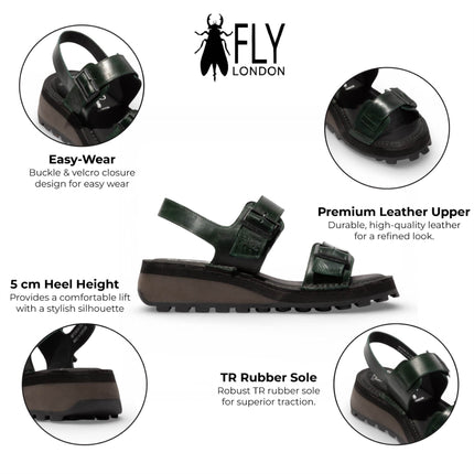 Fly London Women's HEIF558FLY Petrol Green Leather Wedge Buckle Sandals
