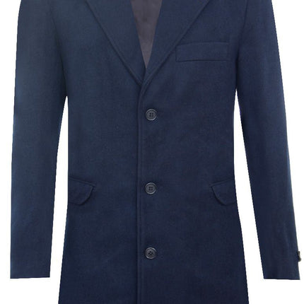 Men's Long Navy Wool Slim Fit Overcoat