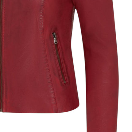 Womens Red Leather Stand Collar Racer Biker Jacket - 181
