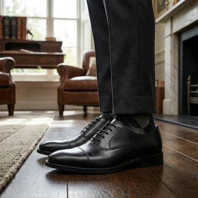 Men's Black Patent PU Leather Cap-Toe Oxford Formal Brogue Shoes