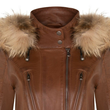Womens Slim Fit Leather Hooded Parka Jacket-Northam