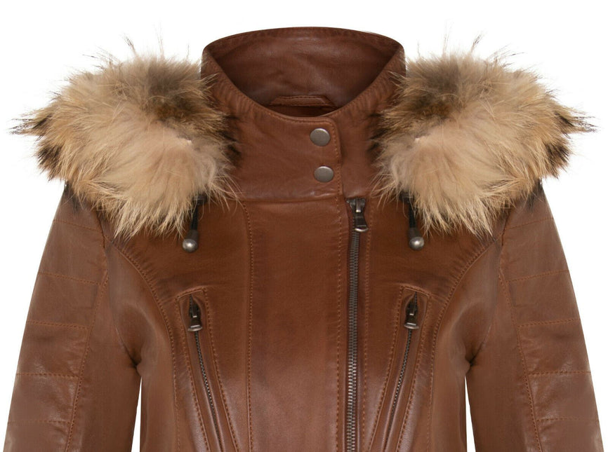 Womens Slim Fit Leather Hooded Parka Jacket-Northam