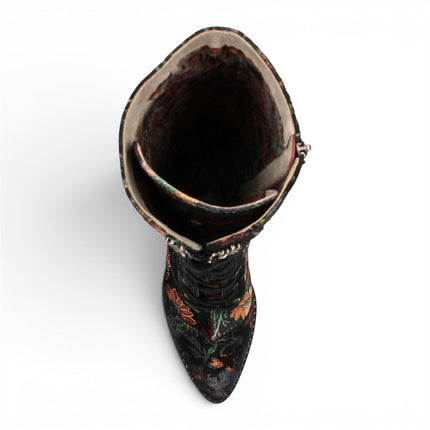 Laura Vita Women's Black Victorian Floral Leather Knee-High Heeled Boots - Oanelo-02