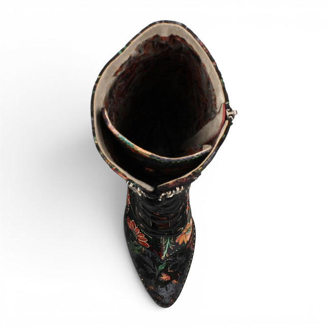 Laura Vita Women's Black Victorian Floral Leather Knee-High Heeled Boots - Oanelo-02