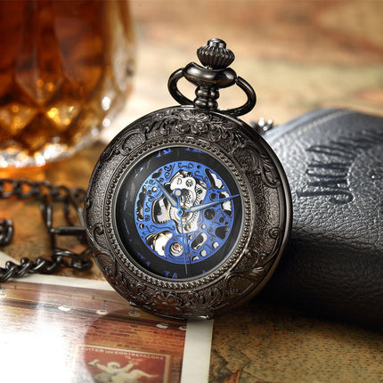 Vinatage Black Mechanical Alloy Skeleton Half Hunter Pocket Watch