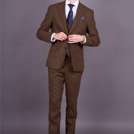 Men's Brown Pinstripe 3 Piece Slim Fit Formal Dinner Suit