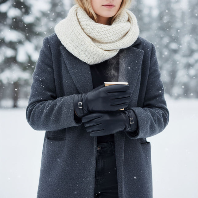 Womens Black Italian Leather Winter Buckle Soft Wool Lining Gloves - L-GLV-601