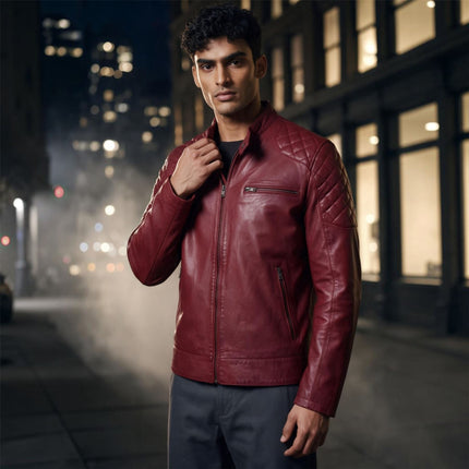 Mens Red Leather Quilted Shoulder Biker Jacket - Rock