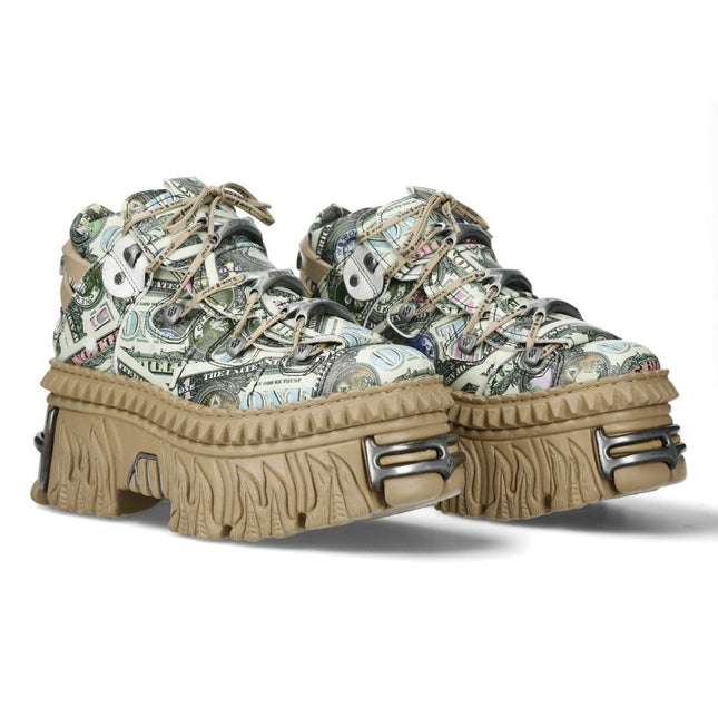 New Rock M-106Wall-C49 Dollar Bill Print Leather Platform Ankle Boots