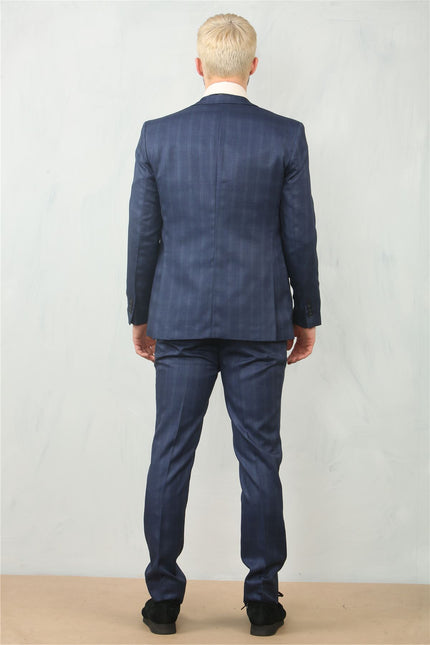 Men's 3 Piece Prince Of Wales Blue Suit Workwear