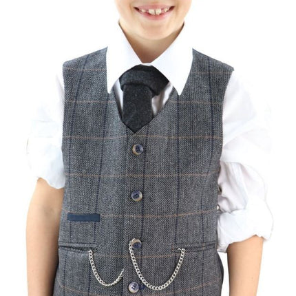 Boys 3 Piece Charcoal Grey Herringbone Tweed Check Classic  Suit