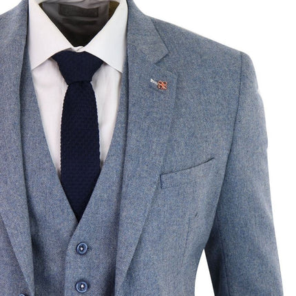 Mens 3 Piece Light Blue Tweed Tailored Fit Retro Classic Suit