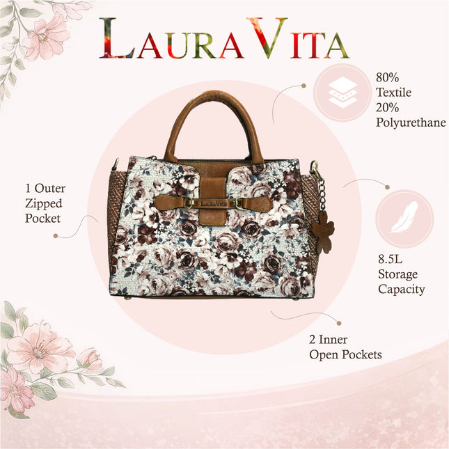 Laura Vita Ayna-02 Womens Tan Floral Print Adjustable Straps Shoulder Tote Handbag