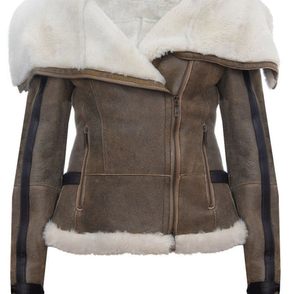 Womens Merino Sheepskin Aviator Leather Jacket-Asmara