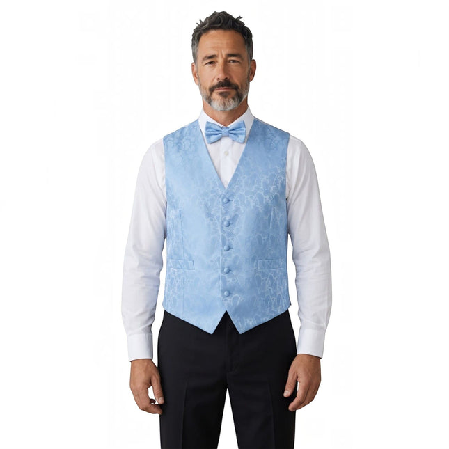 Men's Sky Blue Paisley Floral 3 Piece Waistcoat Bow Tie Hankie Set - Robert
