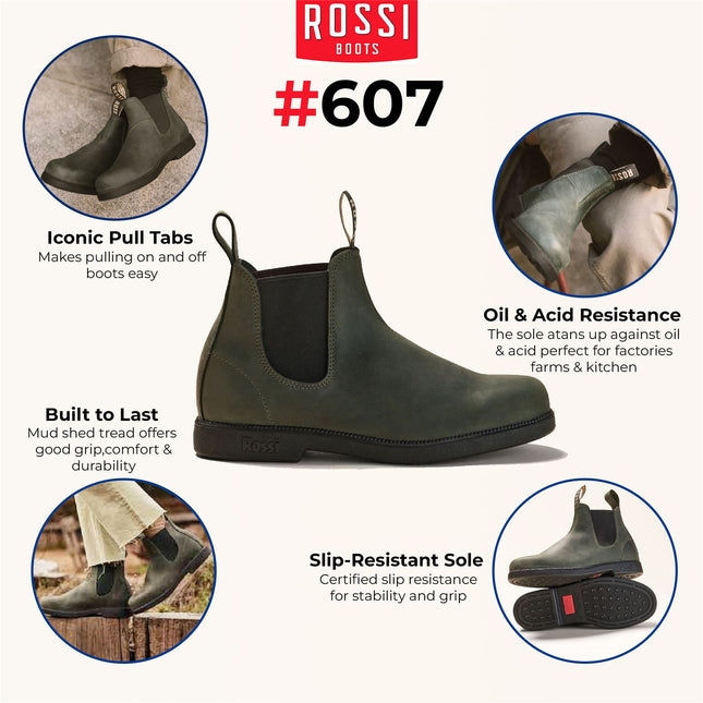 Rossi 607 Booma Moss Olive Green Leather Chelsea Boot