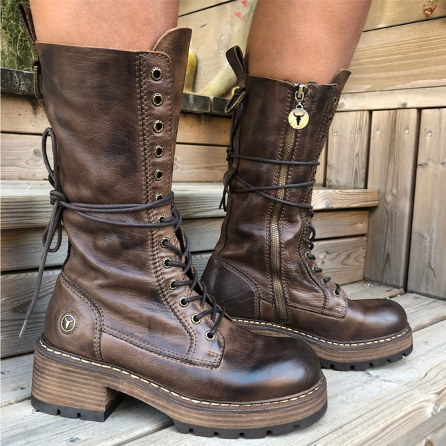 Windsorsmith Women's Brown Leather Lace-up Long Combat Boots - Roam