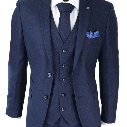 Mens 3 Piece Navy Blue Birdseye Tweed Classic Suit