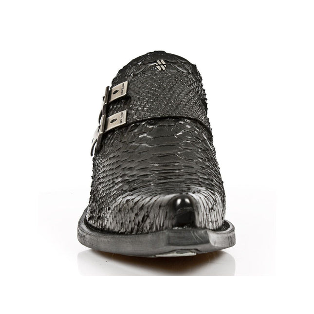 New Rock Embossed Python Black Leather Buckled Shoes-7934-S2